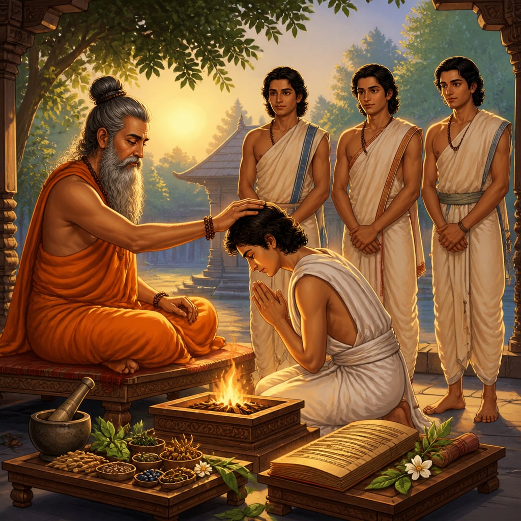 Caraka initiating young student physician with sacred oath