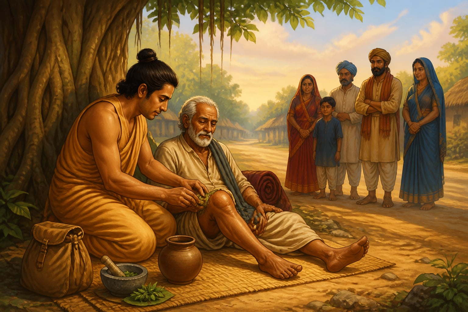 A physician treating a destitute traveler under a banyan tree