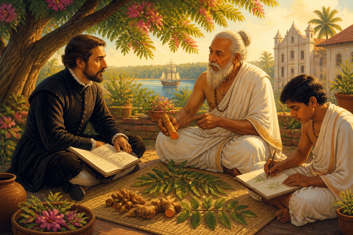 Garcia de Orta studying turmeric with an Indian vaidya in Goa