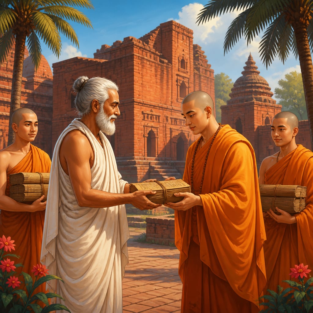 Xuanzang receiving medical manuscripts at Nalanda university