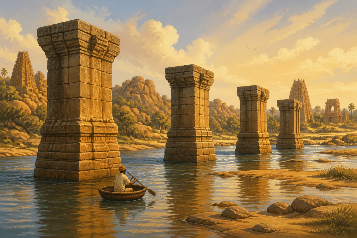 Vijayanagara bridge piers in the Tungabhadra river at Hampi