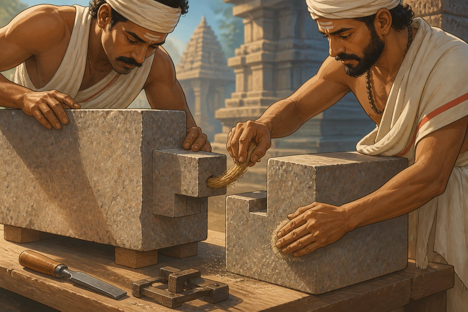 Stonemasons fitting an interlocking tongue-and-groove joint
