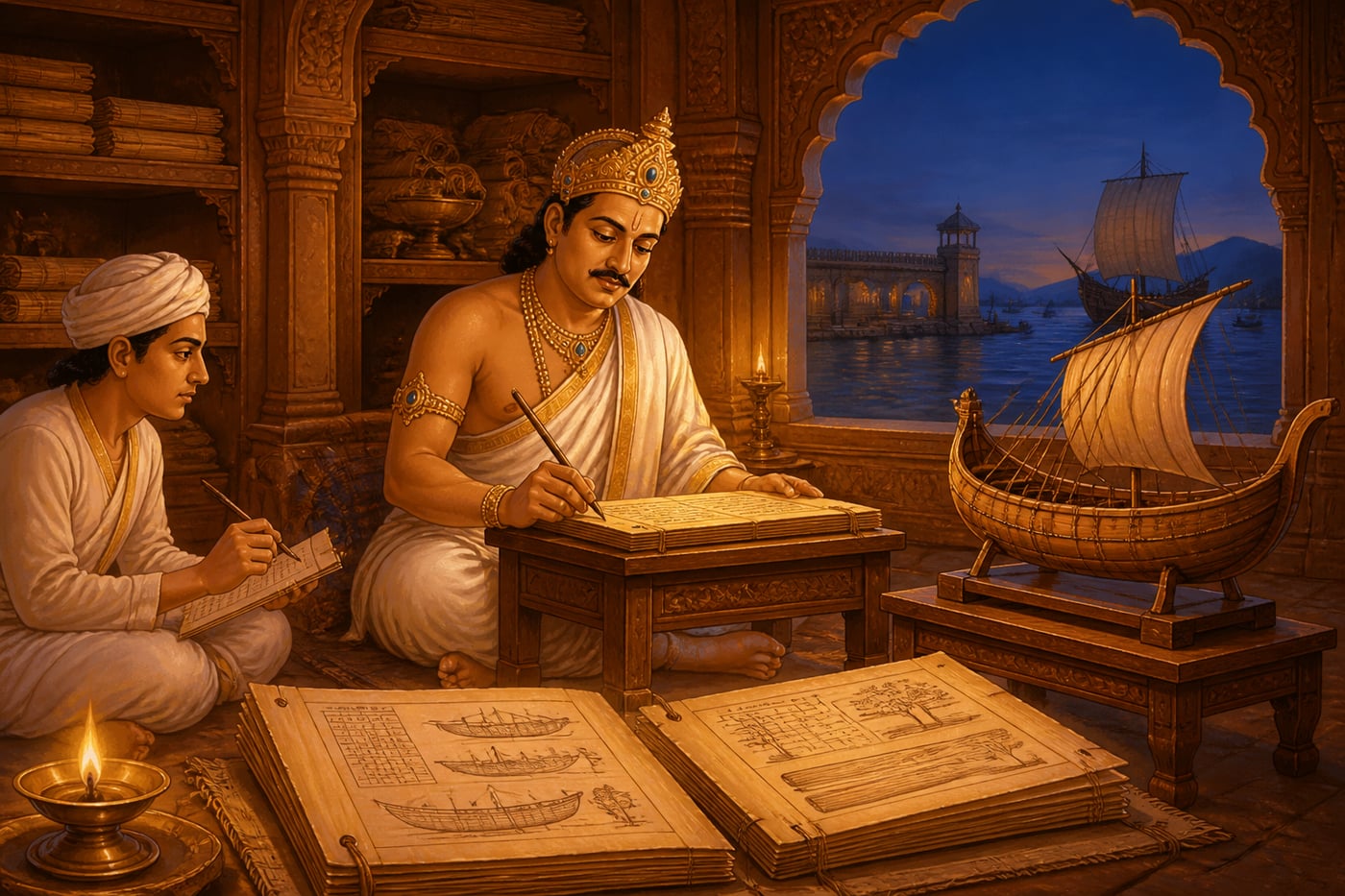 King Bhoja composing the Yuktikalpataru shipbuilding manual