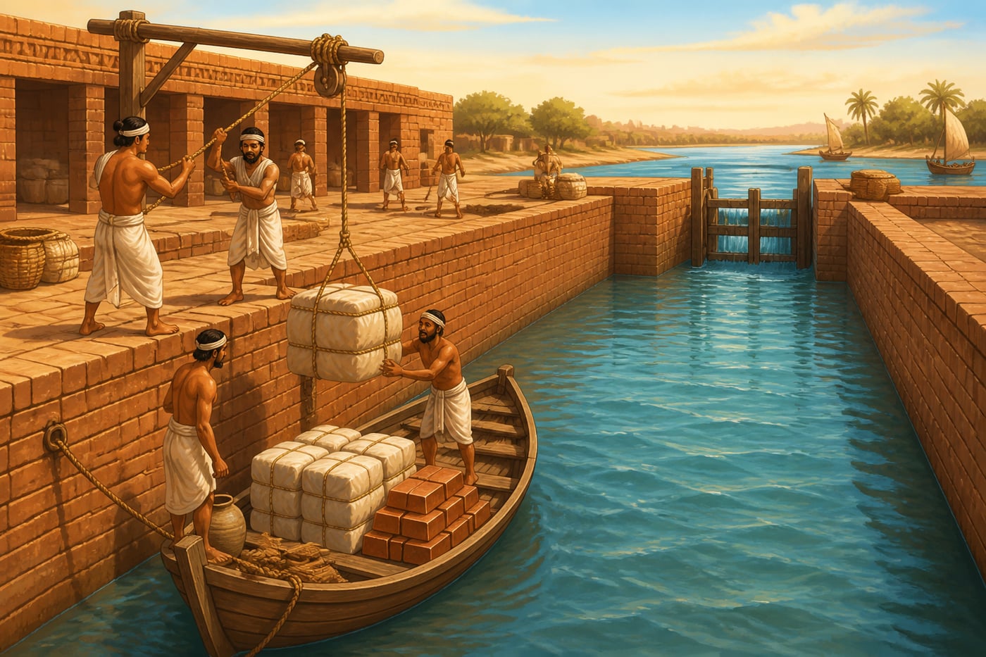 Lothal's brick tidal dock at high tide with a moored boat