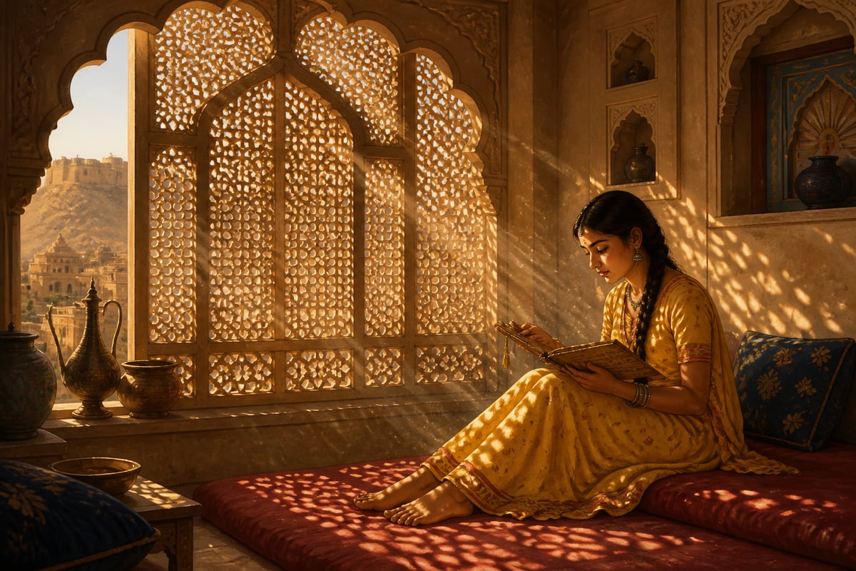 Sunlight scattering through a Jaisalmer haveli jaali screen