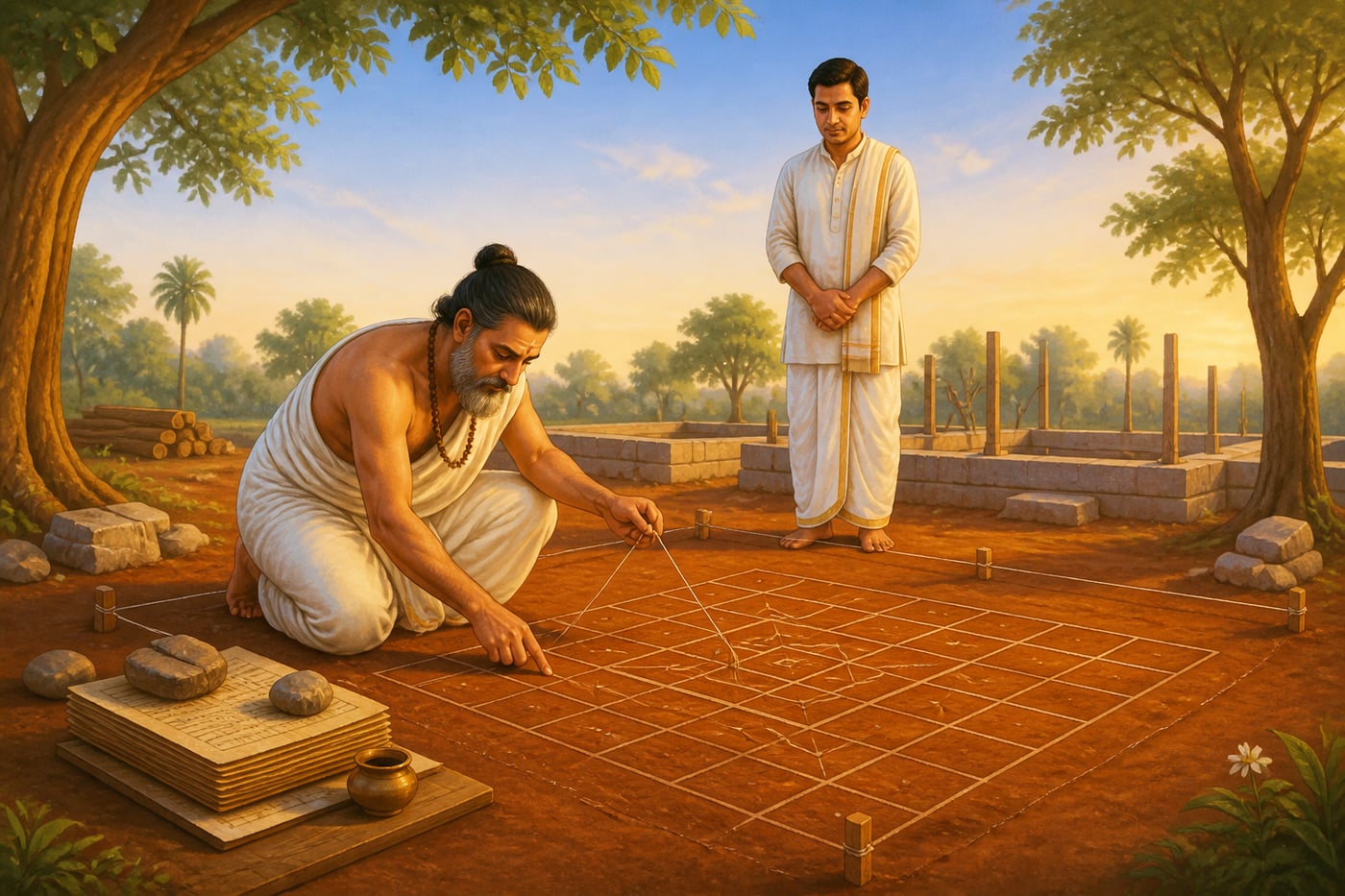 A sthapati drawing the Vāstu Purusha Mandala on a fresh building site