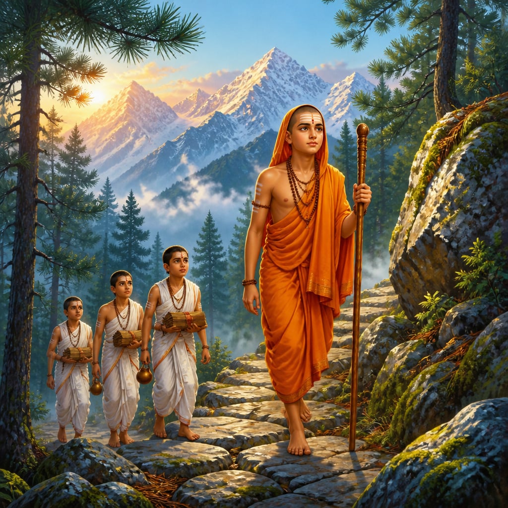 Young Adi Shankaracharya climbing a Himalayan pine path with disciples at first light
