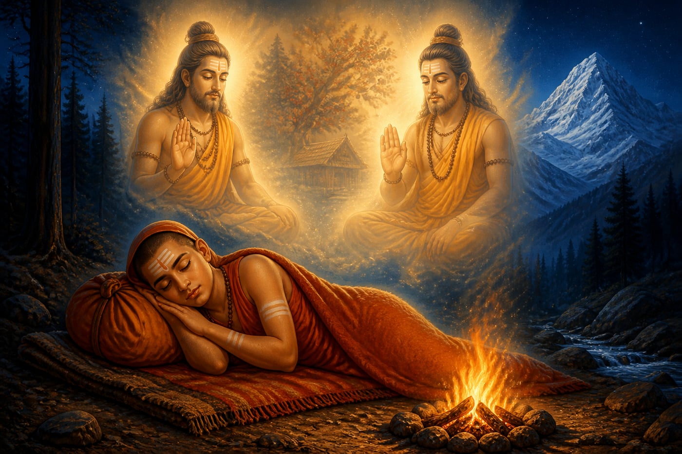 Nara and Narayana appearing to Shankaracharya in dream vision