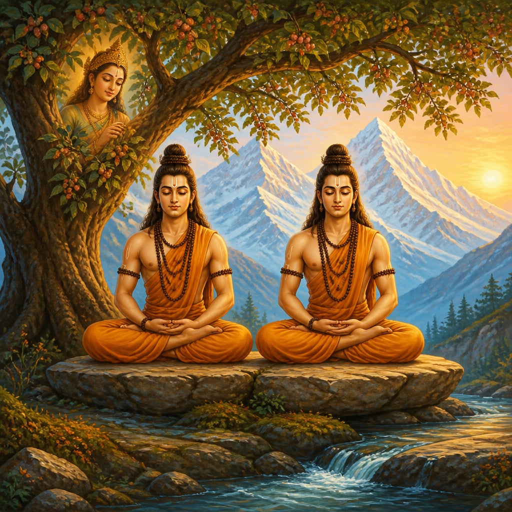 Twin sages Nara and Narayana in mirror tapasya beneath the ancient berry tree at Badrika ashrama
