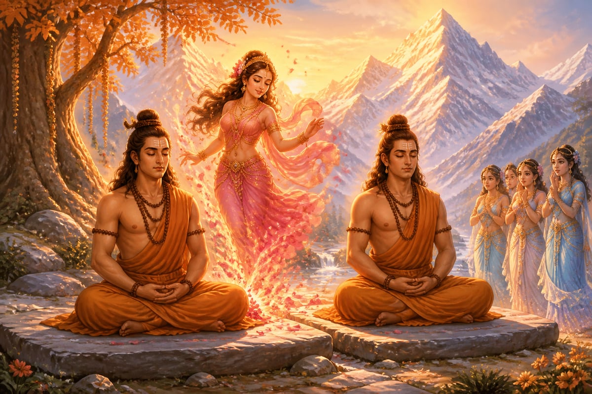 Urvashi emerging from Narayana's thigh during tapasya