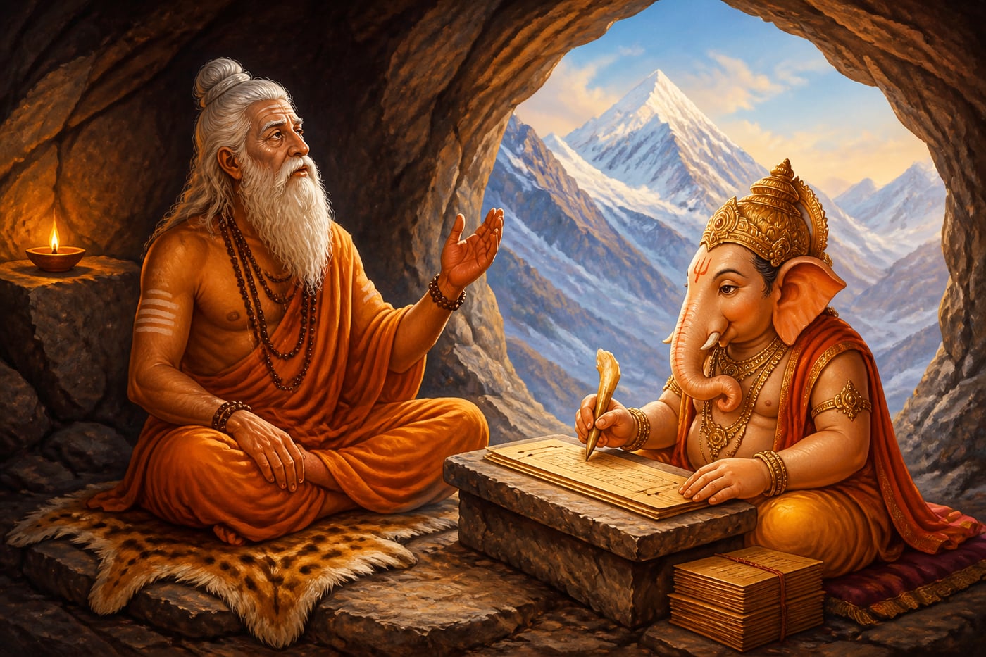 Veda Vyasa dictating the Mahabharata to Ganesha