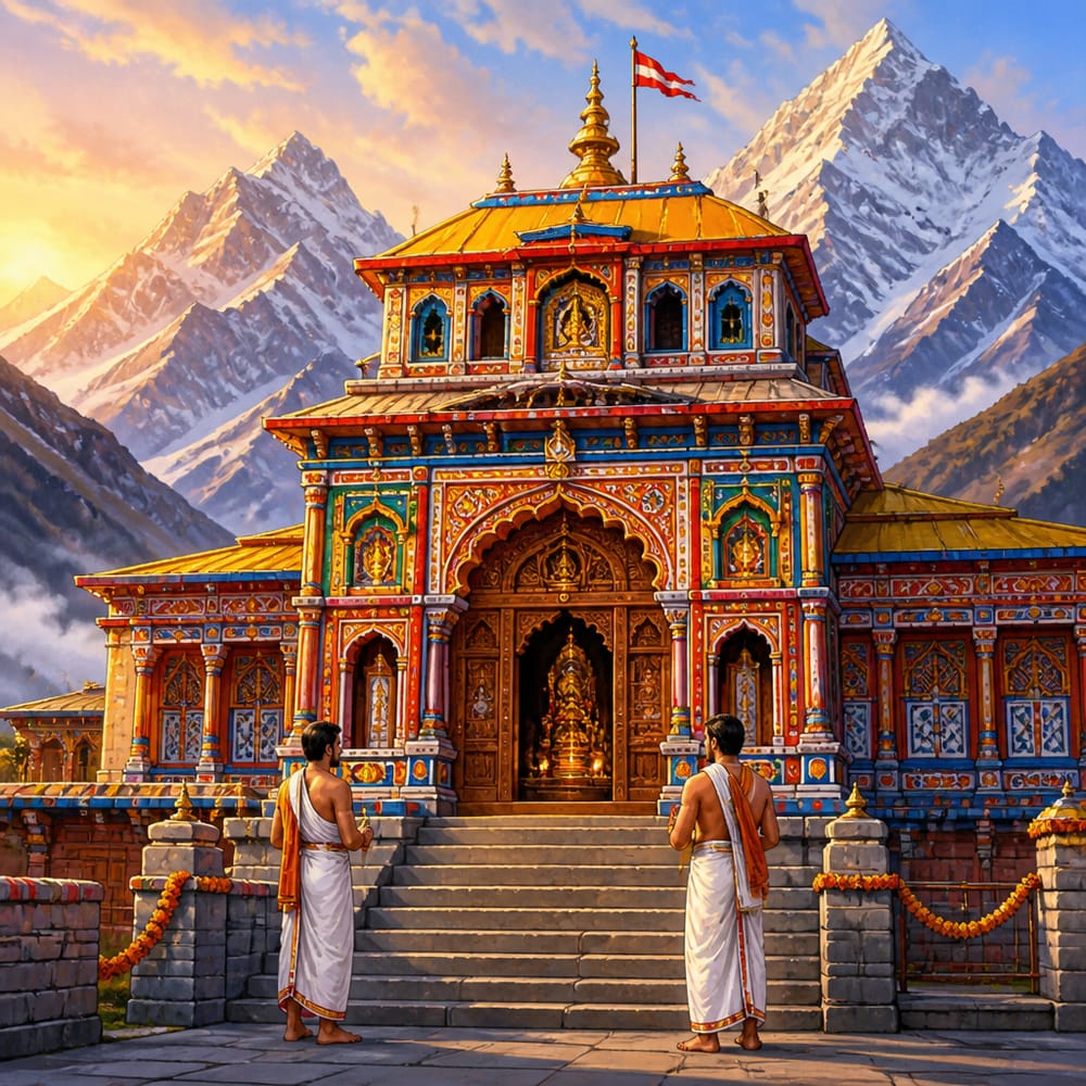 Brightly painted Badrinath temple facade glowing at first dawn in the high mountains