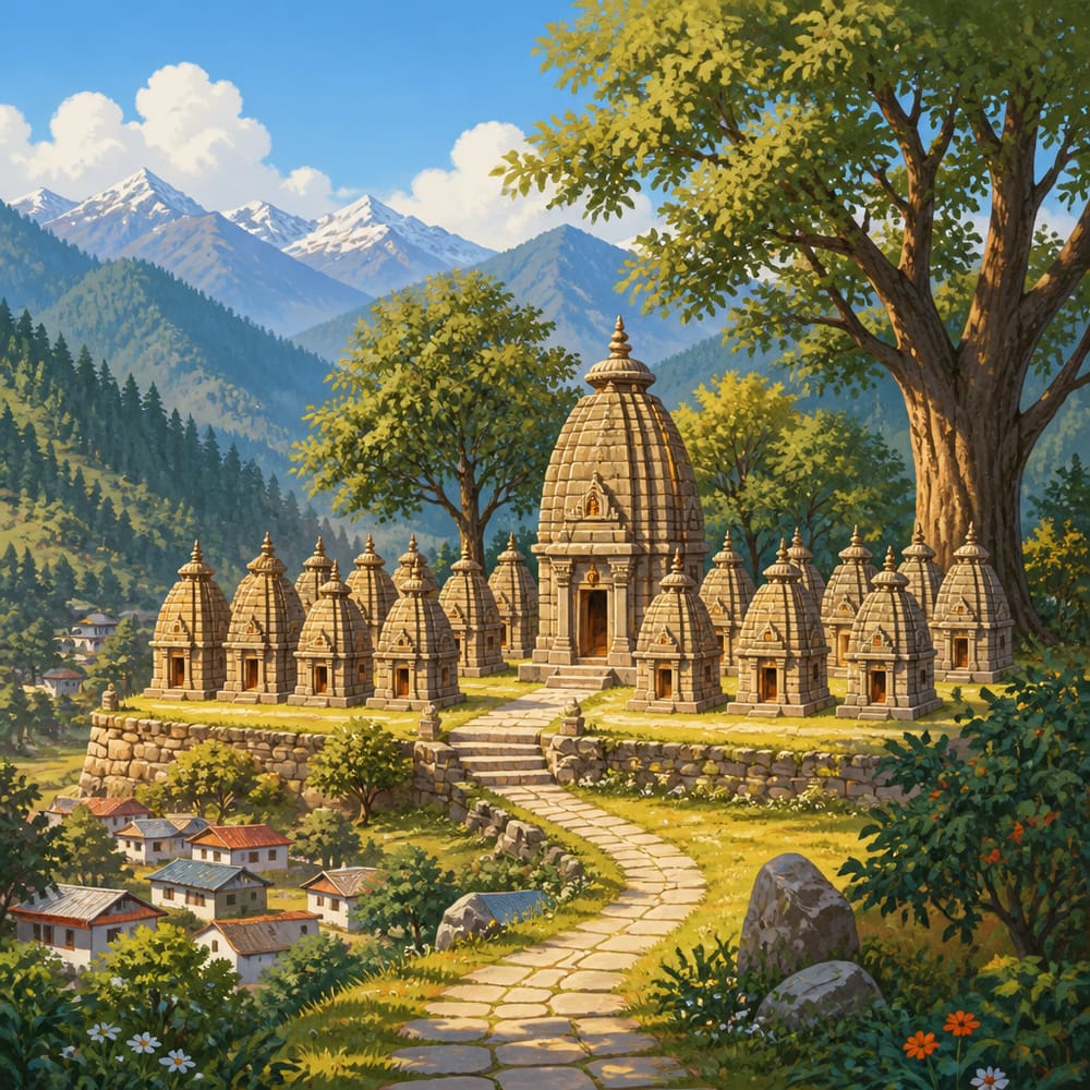 Adi Badri cluster of sixteen small stone shikhara shrines on a grassy terrace under midday light