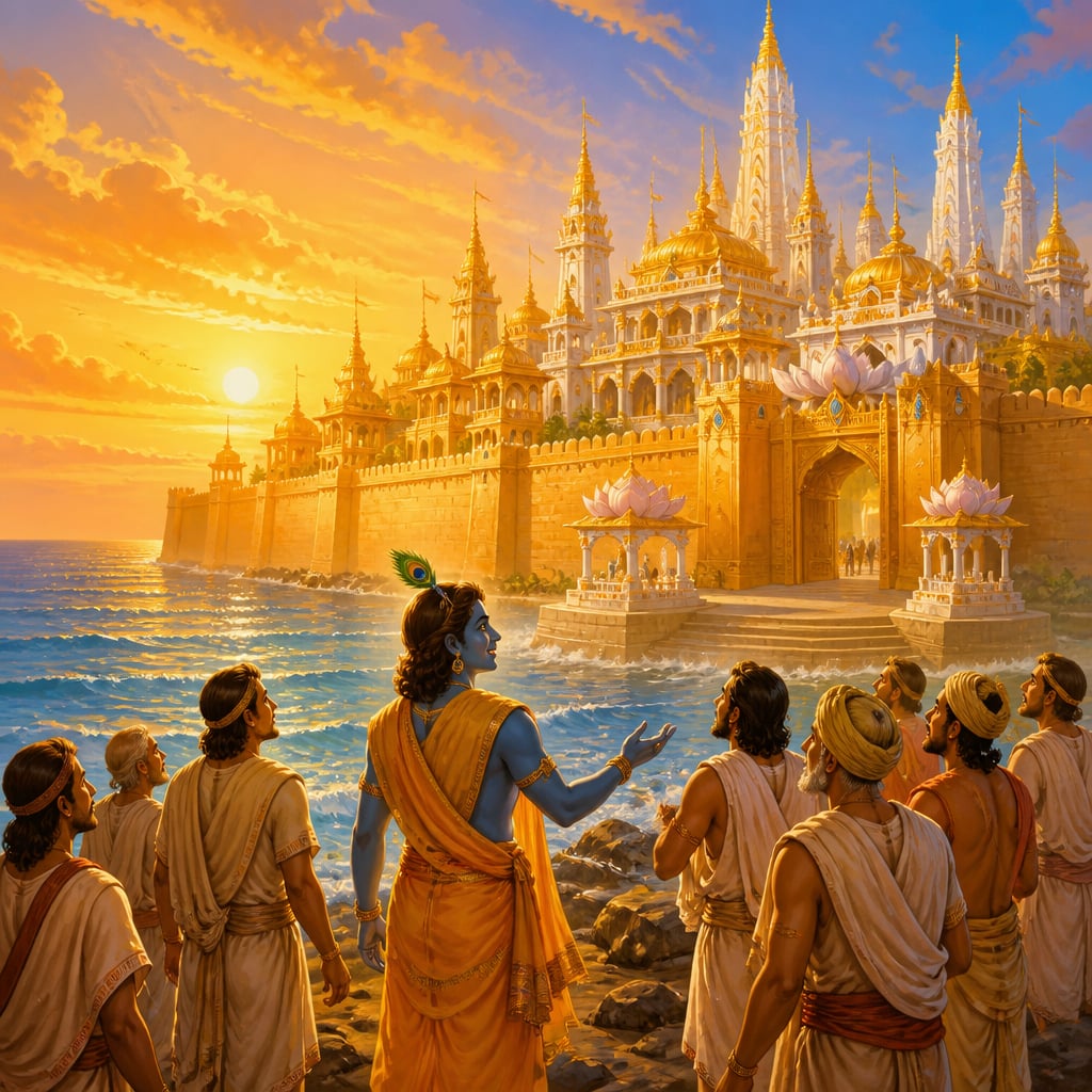 Golden city of Dwarka glowing at sunrise from the sea