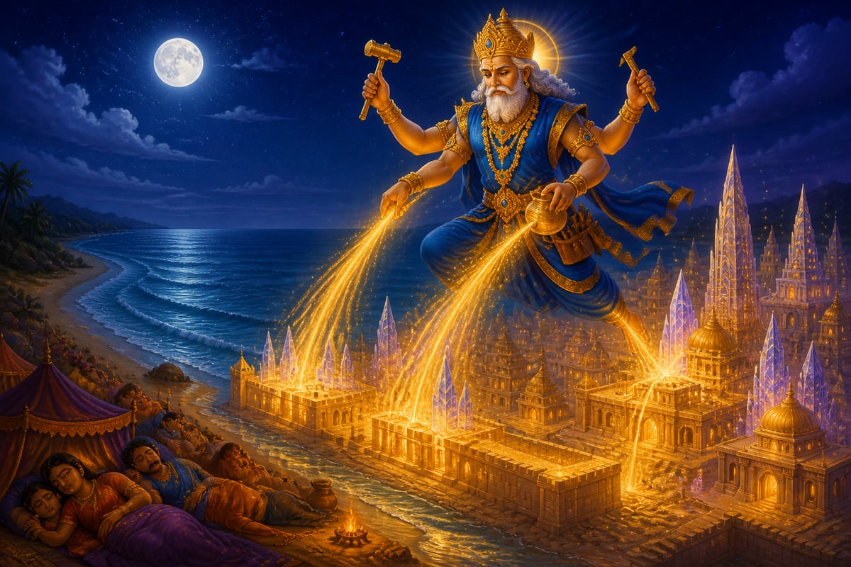 Vishwakarma raising the golden city of Dwarka overnight