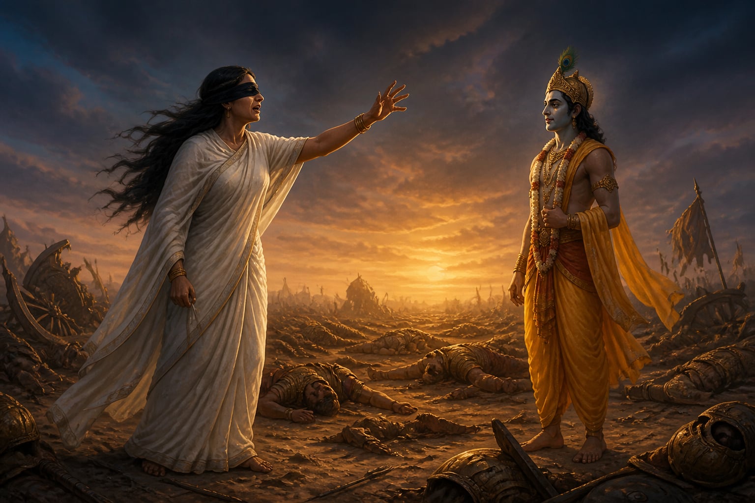 Gandhari curses Krishna on the Kurukshetra battlefield