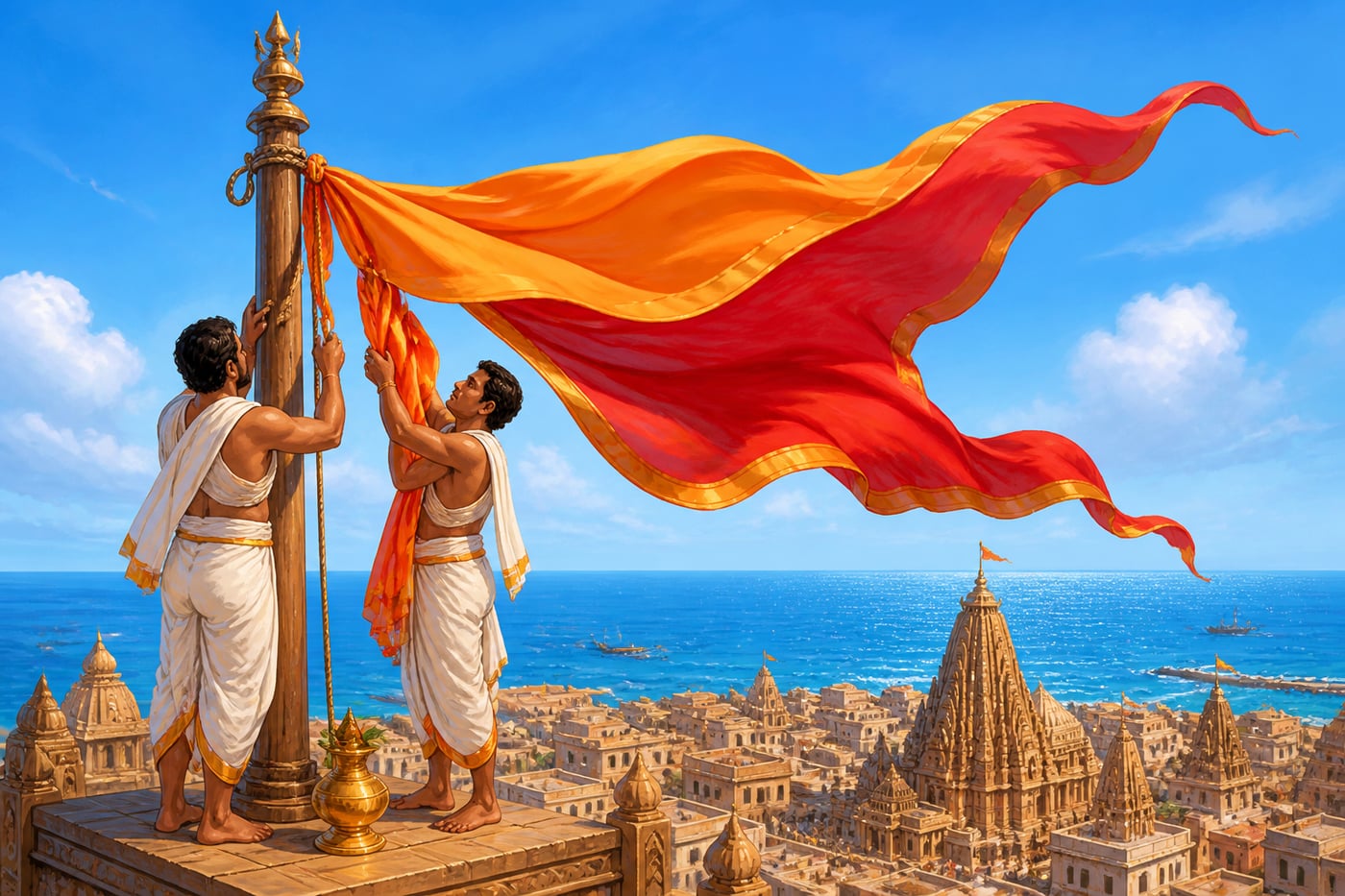 The fifty-two-yard dhwaja flag being changed atop the temple
