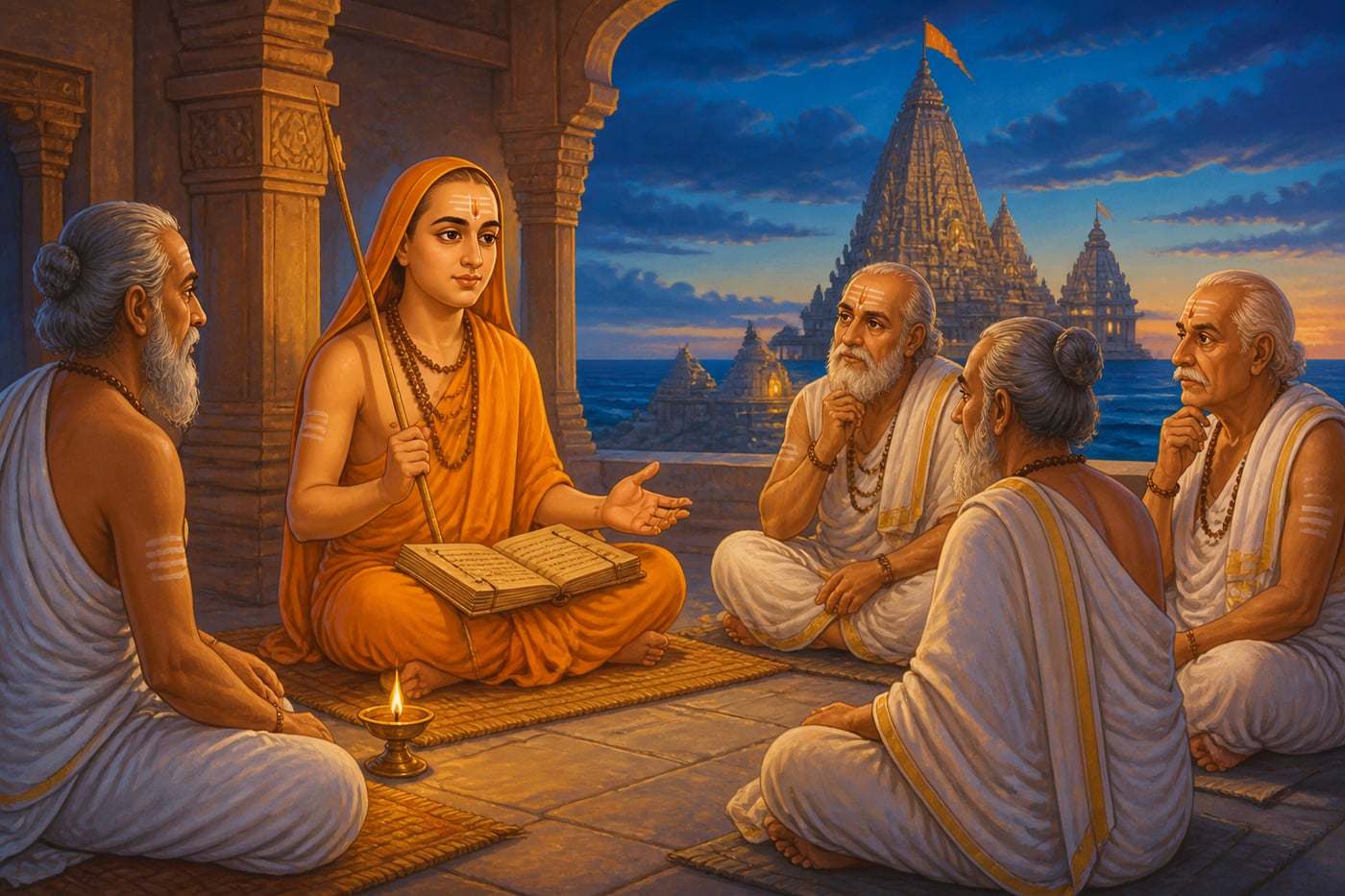 Adi Shankaracharya debating pandits at the western math