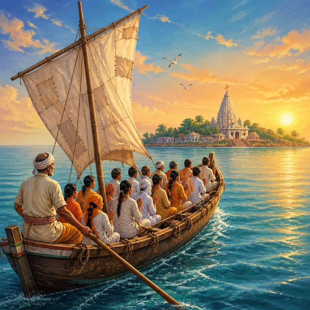 Pilgrims on a boat crossing to Bet Dwarka island