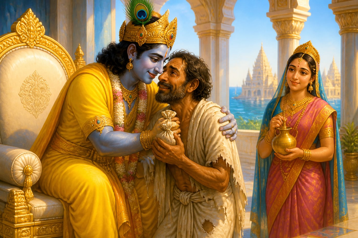 Krishna embracing Sudama with the poha bundle