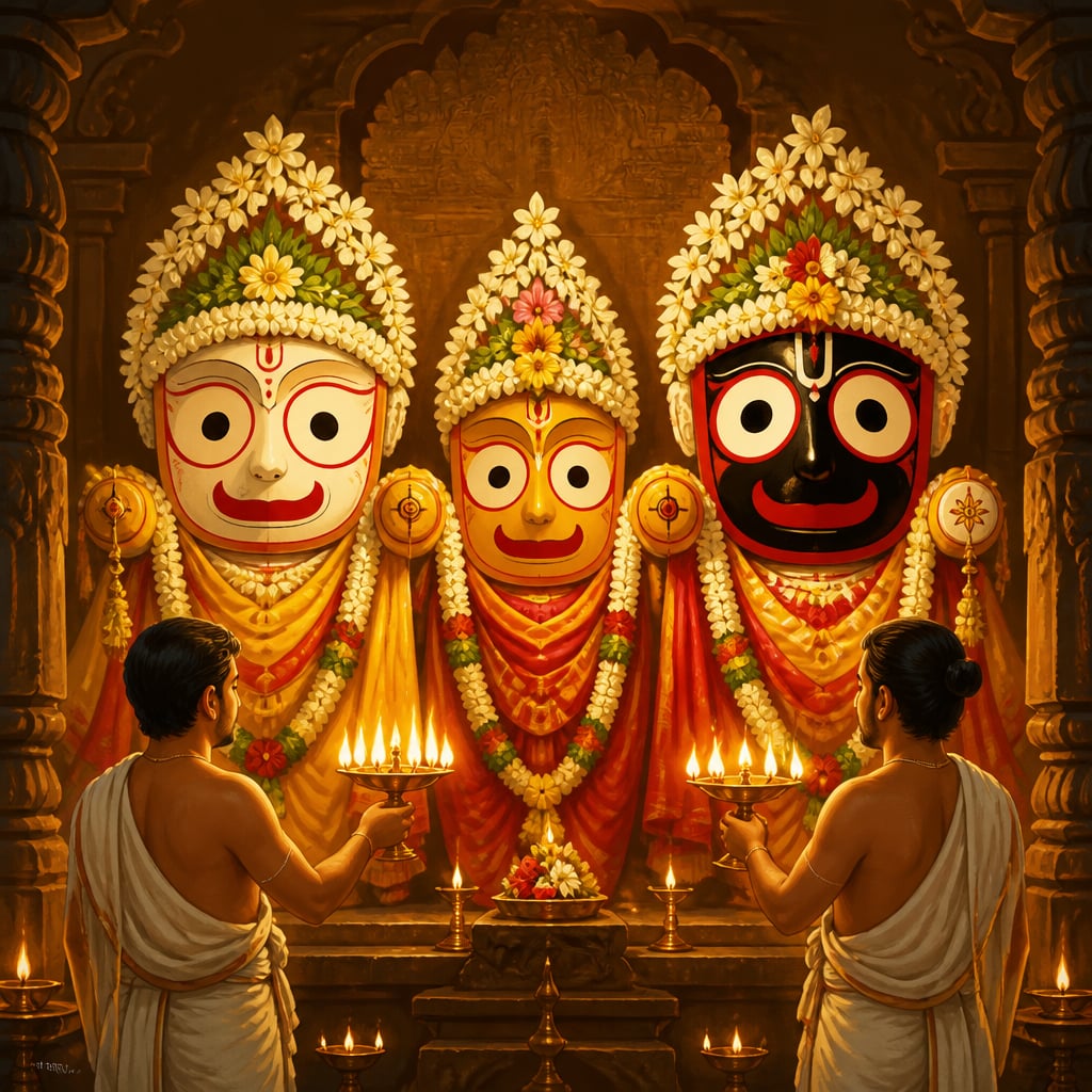 Jagannath Balabhadra and Subhadra in the Puri sanctum at morning aarti