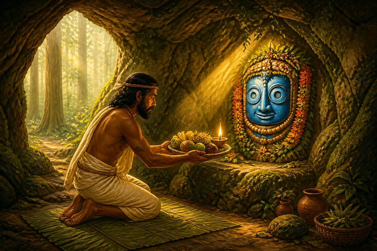 Savara chief Vishvavasu worshipping Nila Madhava in a forest cave