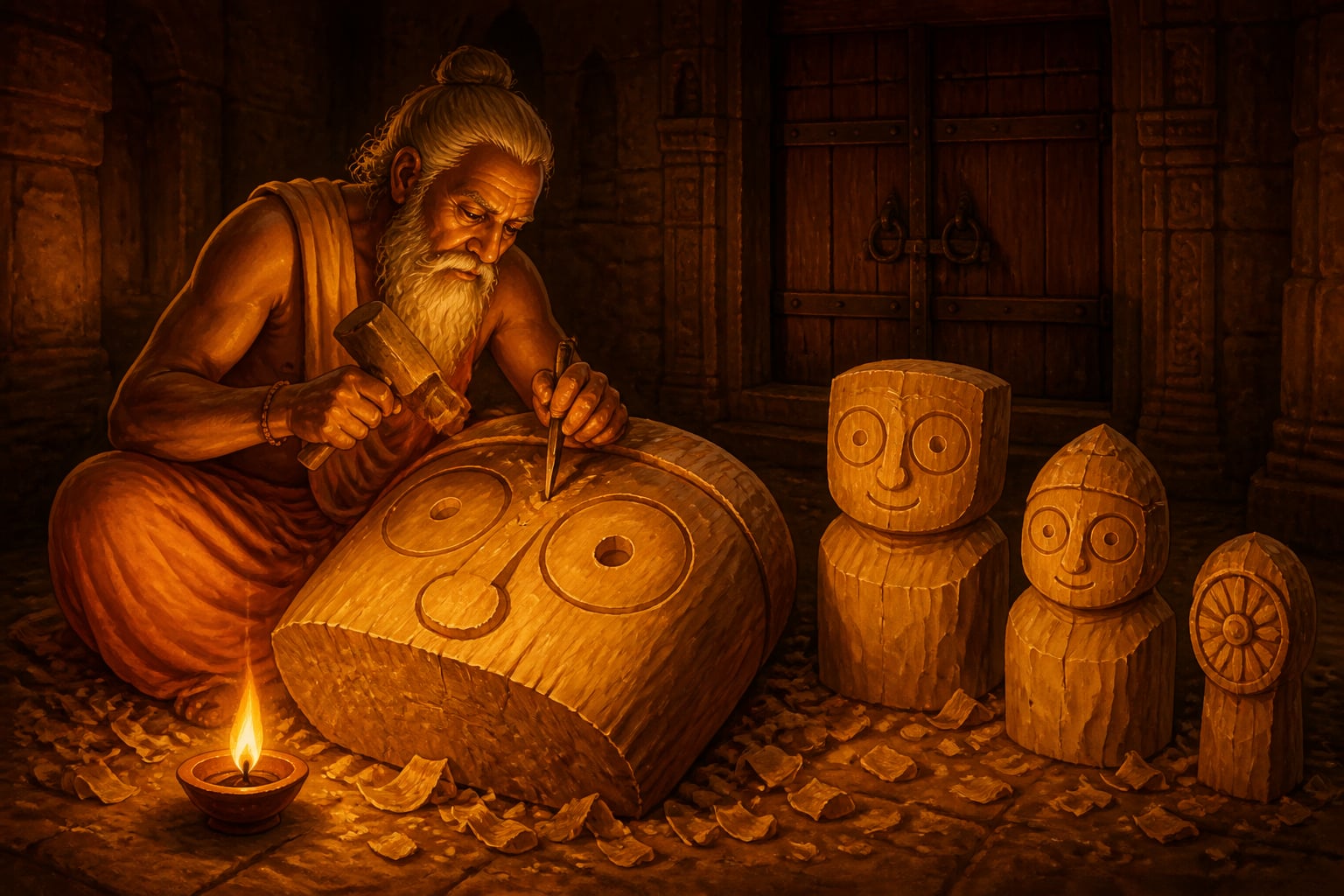 Vishwakarma carving the deities behind a closed temple door