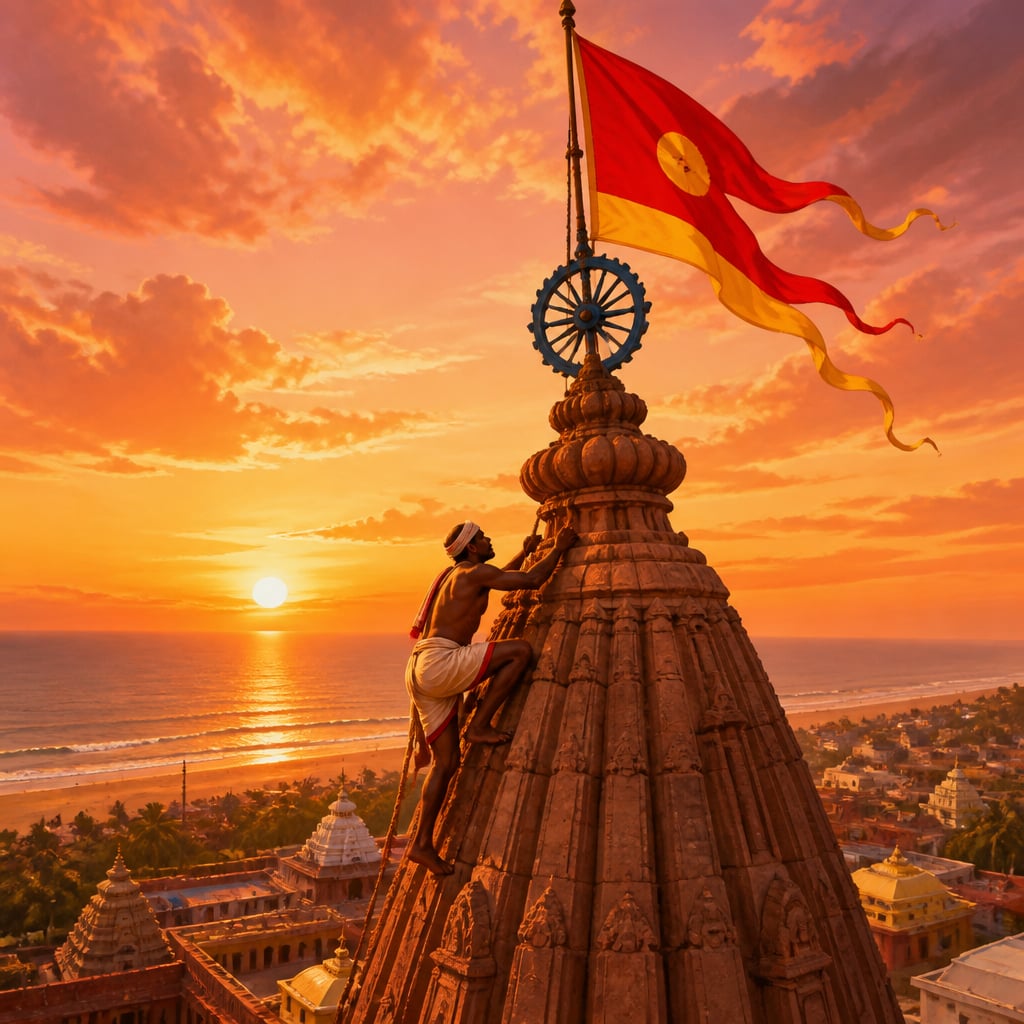 Hereditary priest scaling the Jagannath temple spire to change the flag