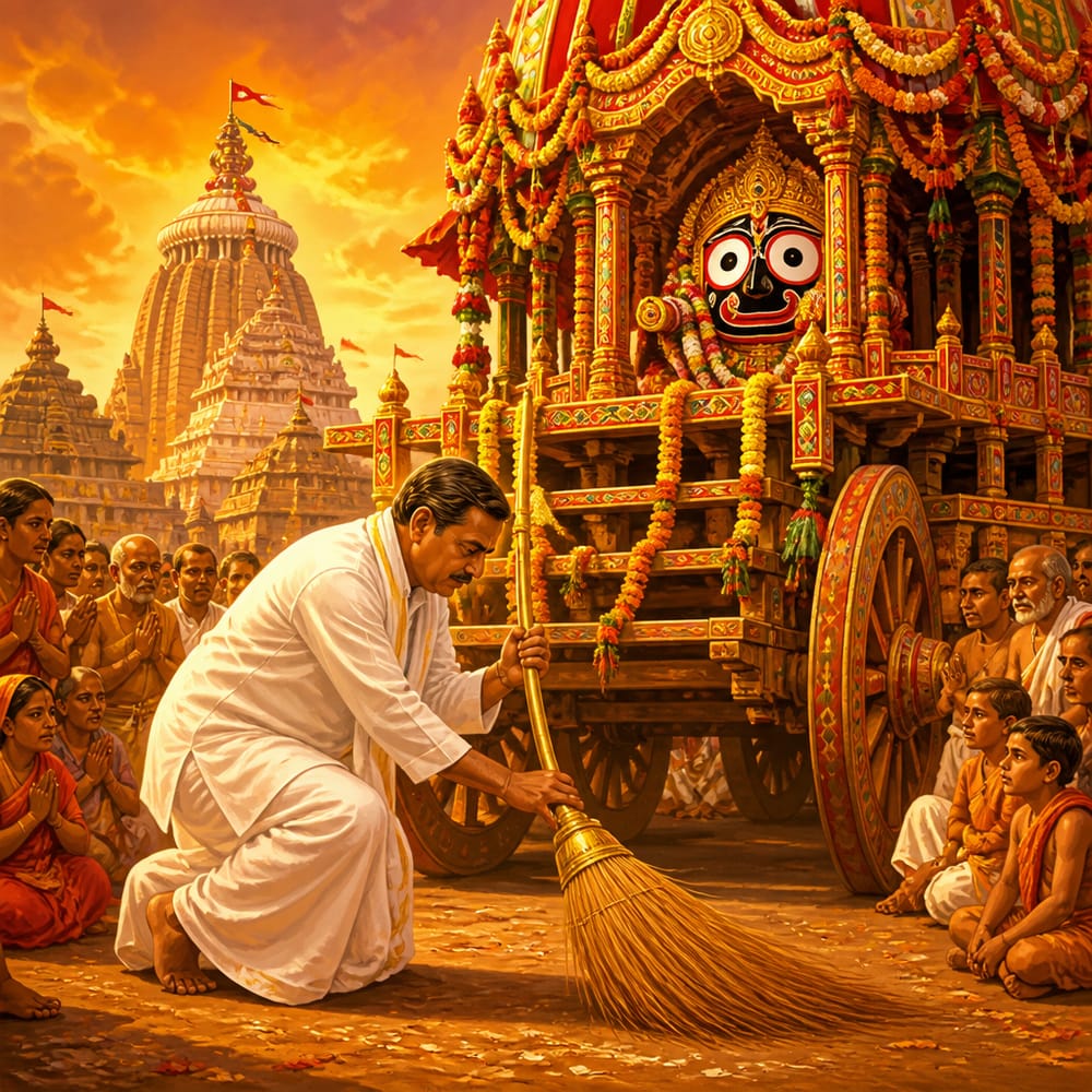 Gajapati King of Puri sweeping the Nandighosa chariot path at Rath Yatra