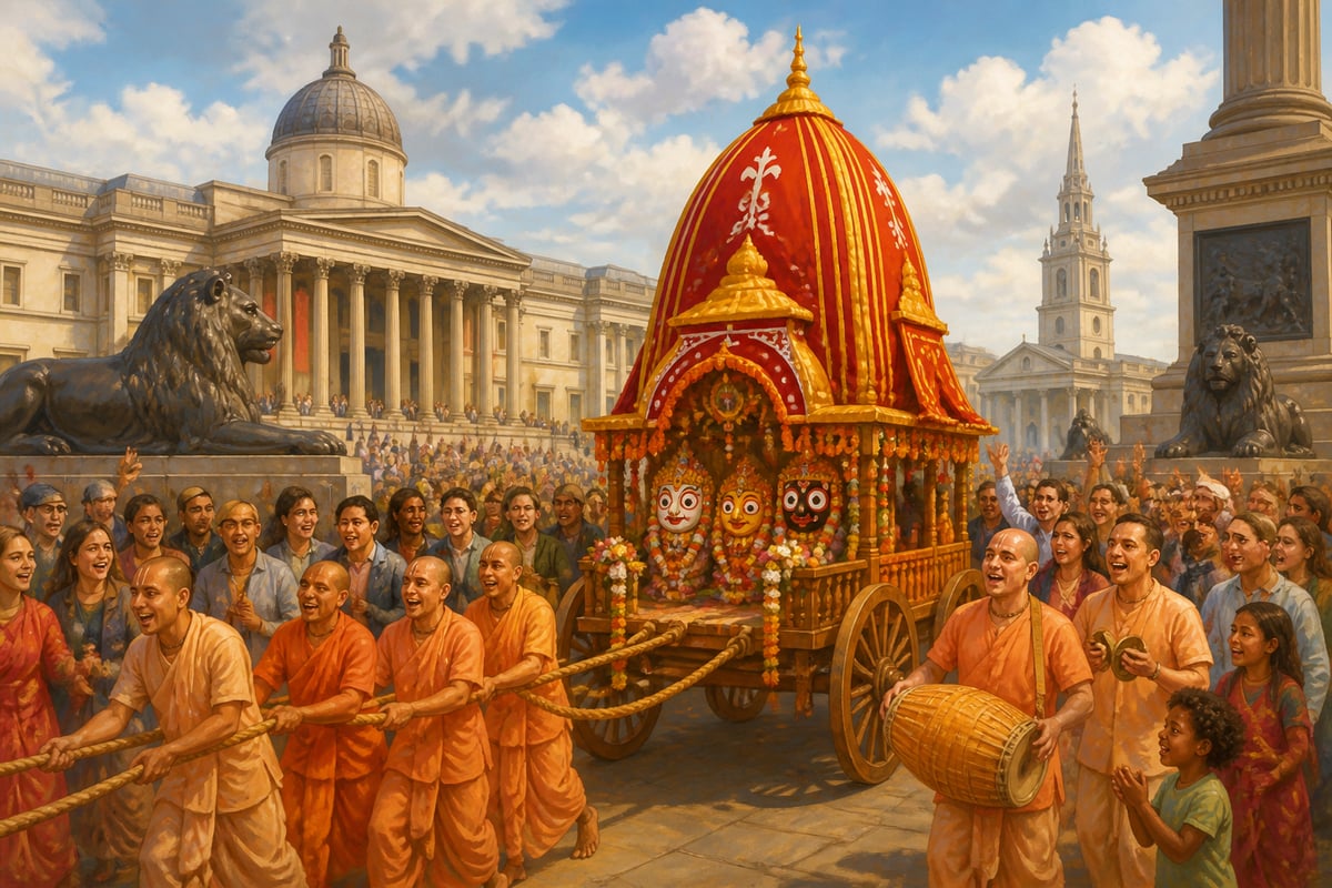 ISKCON's Rath Yatra rolling through Trafalgar Square London