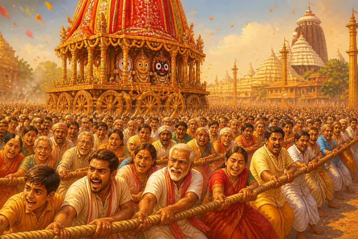Thousands of devotees pulling the Nandighosa chariot rope