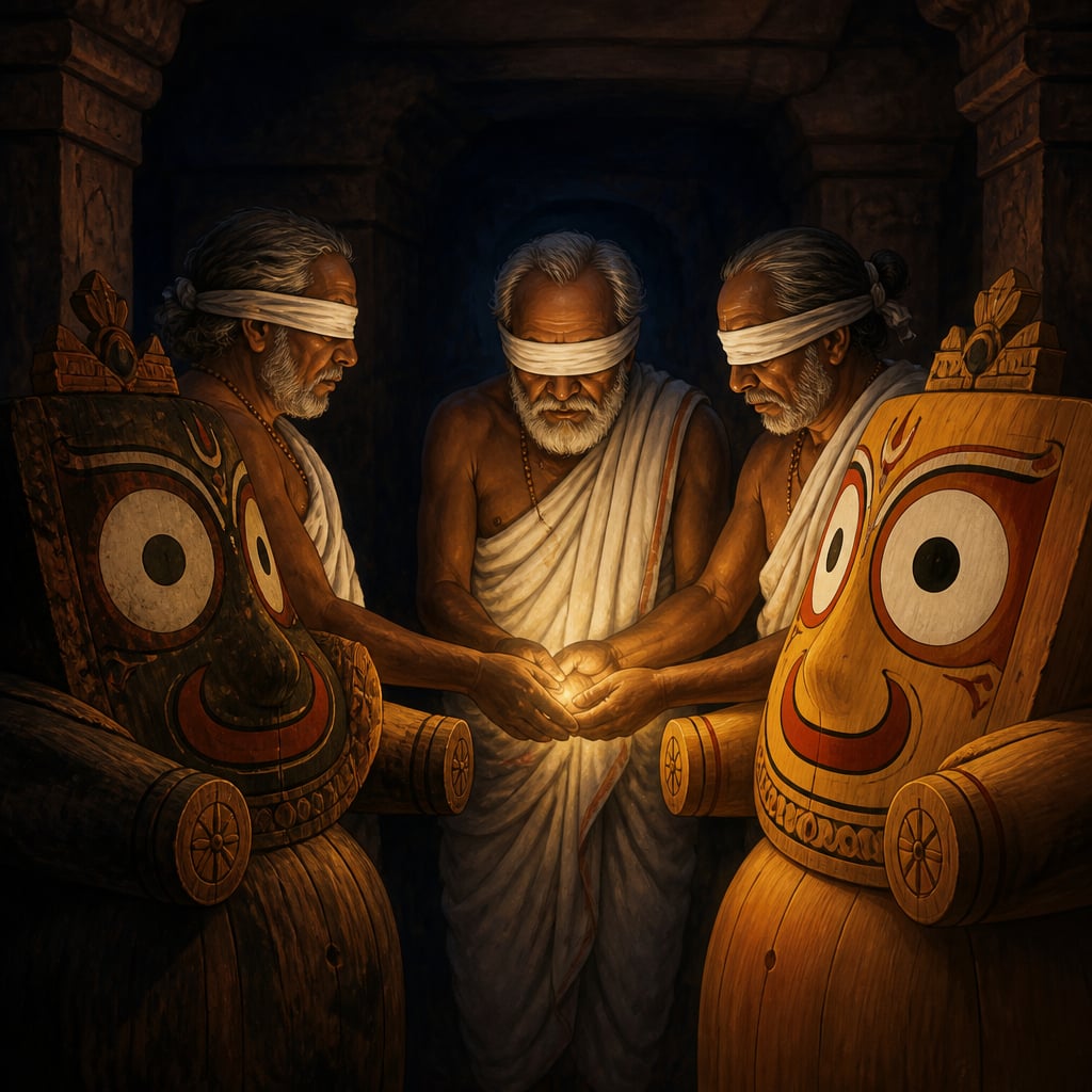 Three blindfolded daitapati priests transferring the Brahma Padartha in the dark sanctum