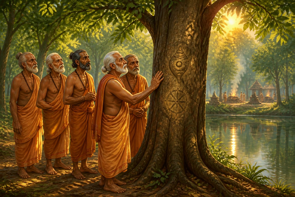 Daitapati priests examining a sacred neem tree in the forest