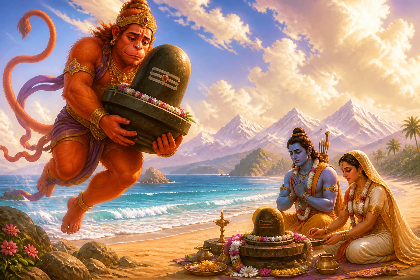 Hanuman returning from Kailash with the Vishwalingam