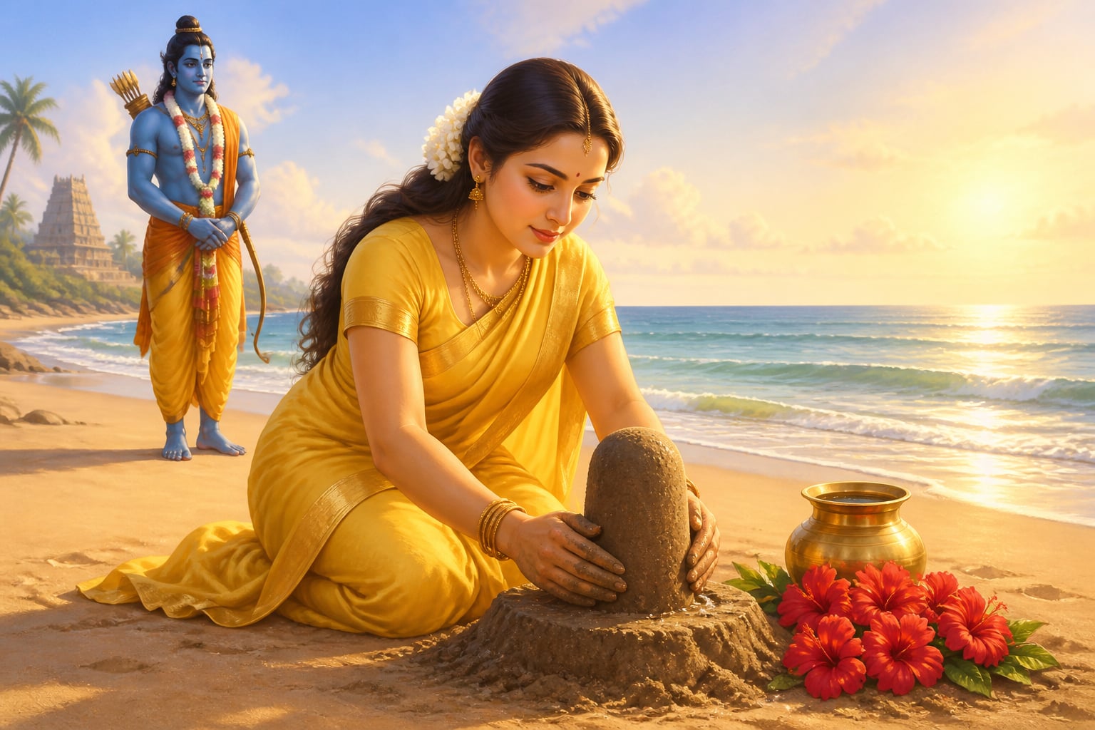 Sita shaping the Ramalingam from sand on the Rameswaram beach