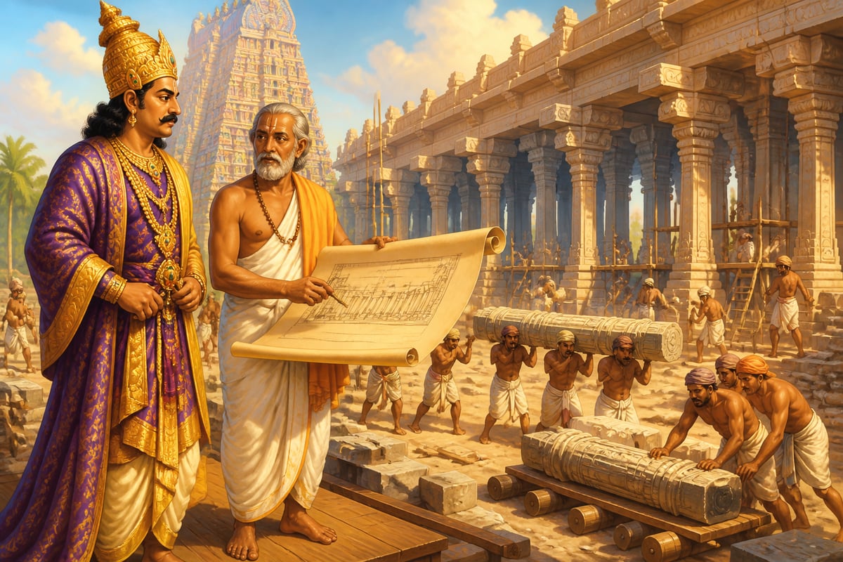 A Nayak king reviewing temple construction with his sthapati