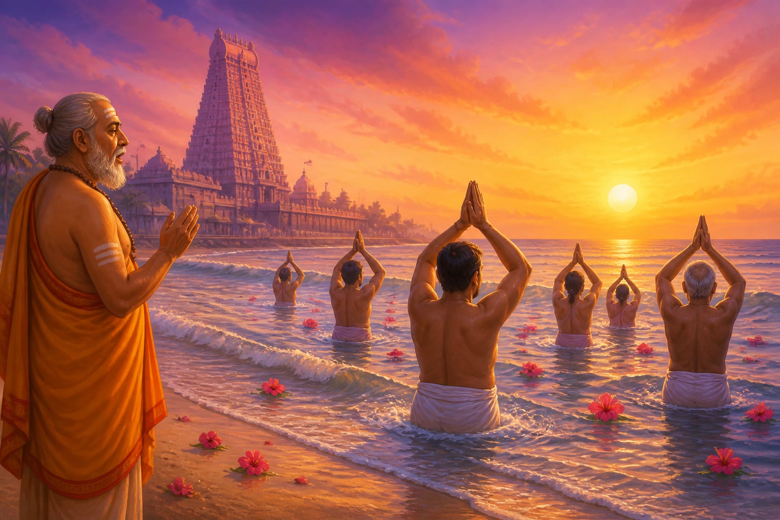 Pilgrims bathing at Agni Theertham at first dawn