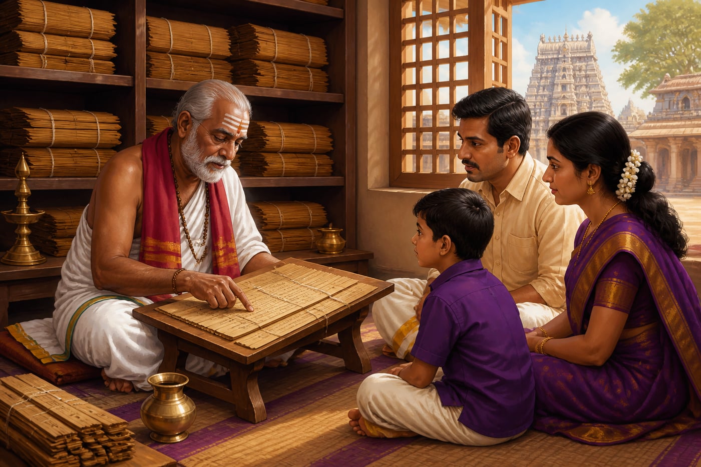 A Rameswaram panda checking a pilgrim family's ancestral records