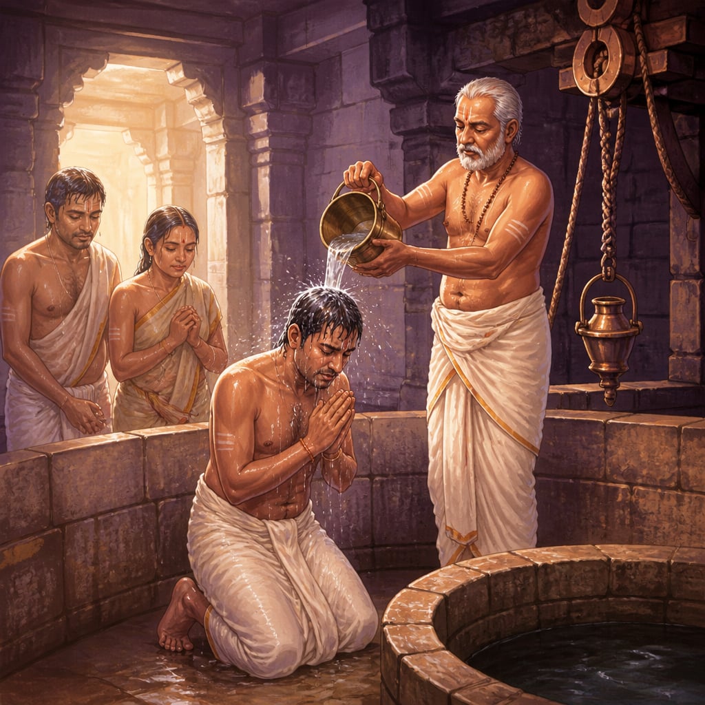 Pilgrim being doused at a Rameswaram theertham