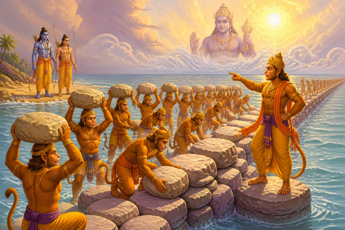 Nala and the vanara army constructing Rama Setu across the Palk Strait