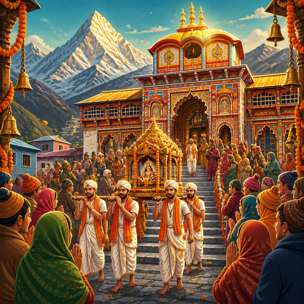 Akshaya Tritiya opening procession arriving at Badrinath temple with Neelkanth peak behind