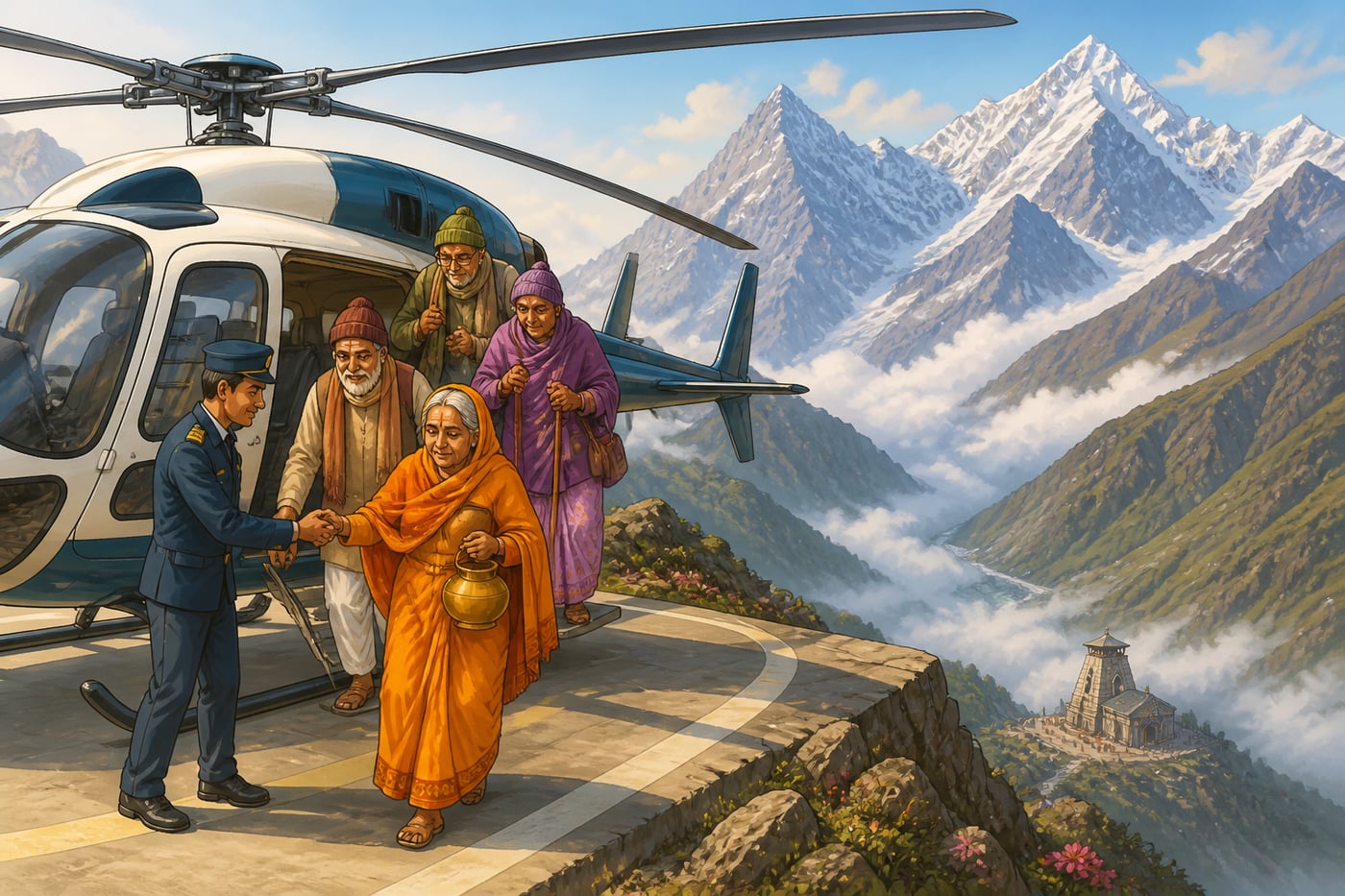 A helicopter delivering pilgrims to a high-altitude Himalayan helipad