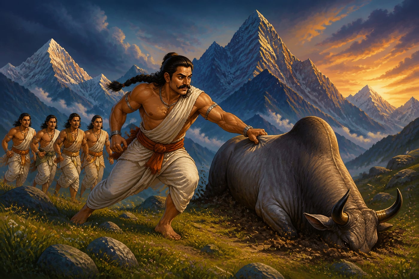 Bhima reaching for Shiva who has taken the form of a bull diving into the earth