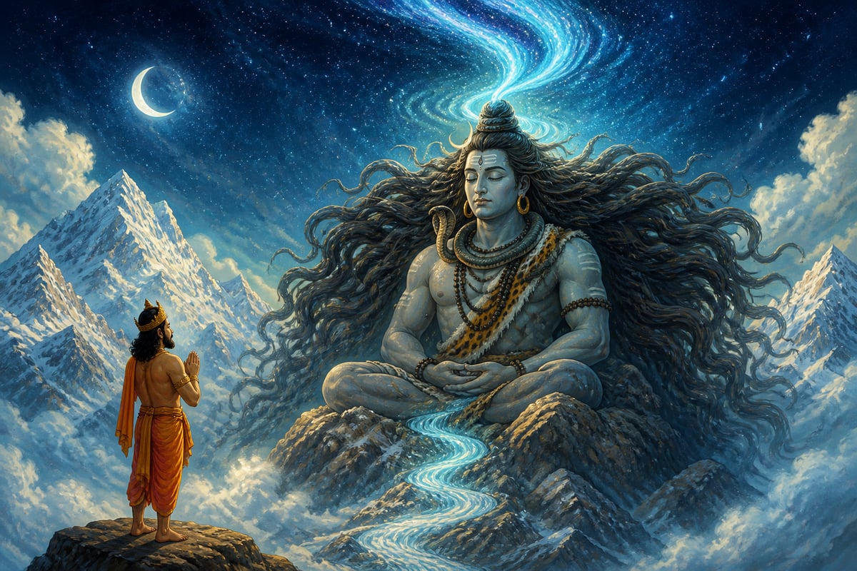 Ganga descending from heaven through Shiva's matted locks while Bhagirath watches