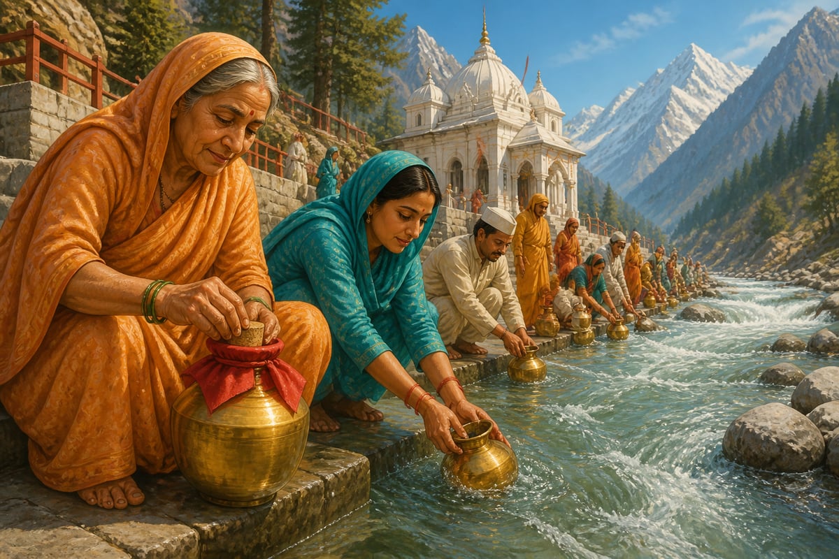 Pilgrims filling brass kalashas with fresh Ganga water at the Gangotri ghats