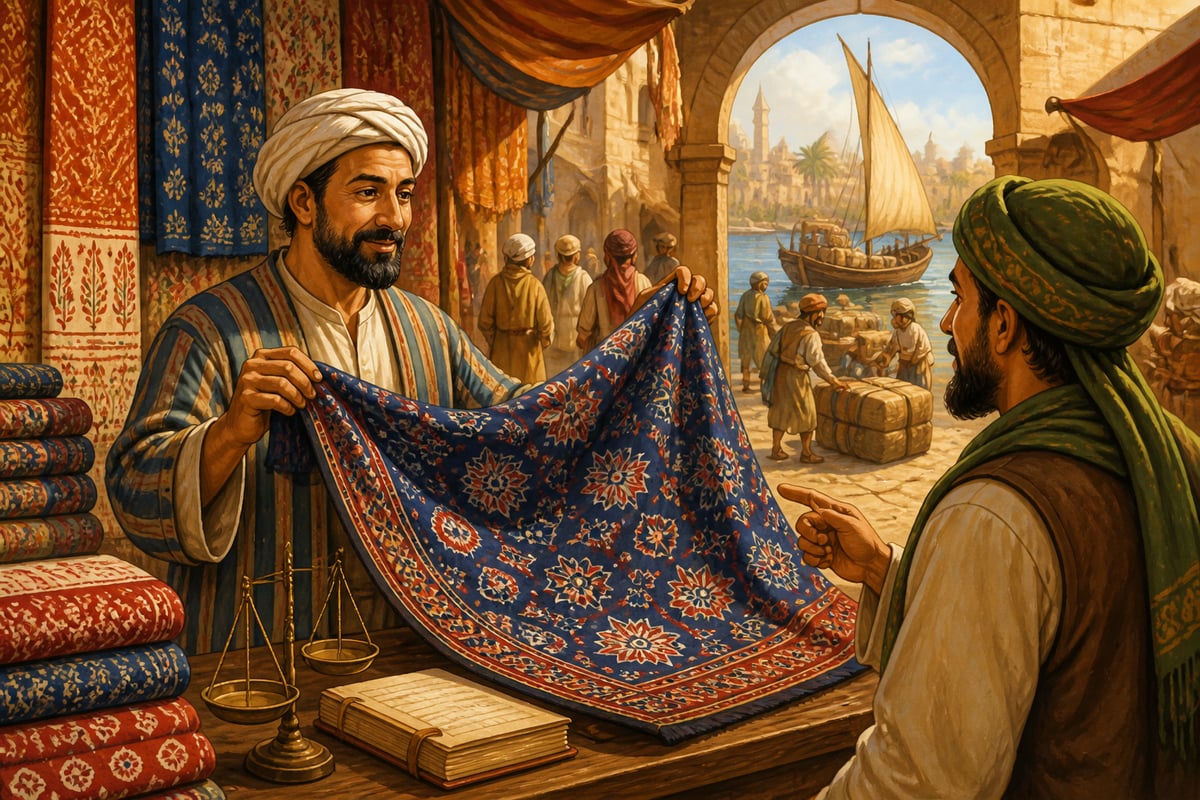 Gujarati Ajrakh cloth being traded in a medieval Fustat market near Cairo