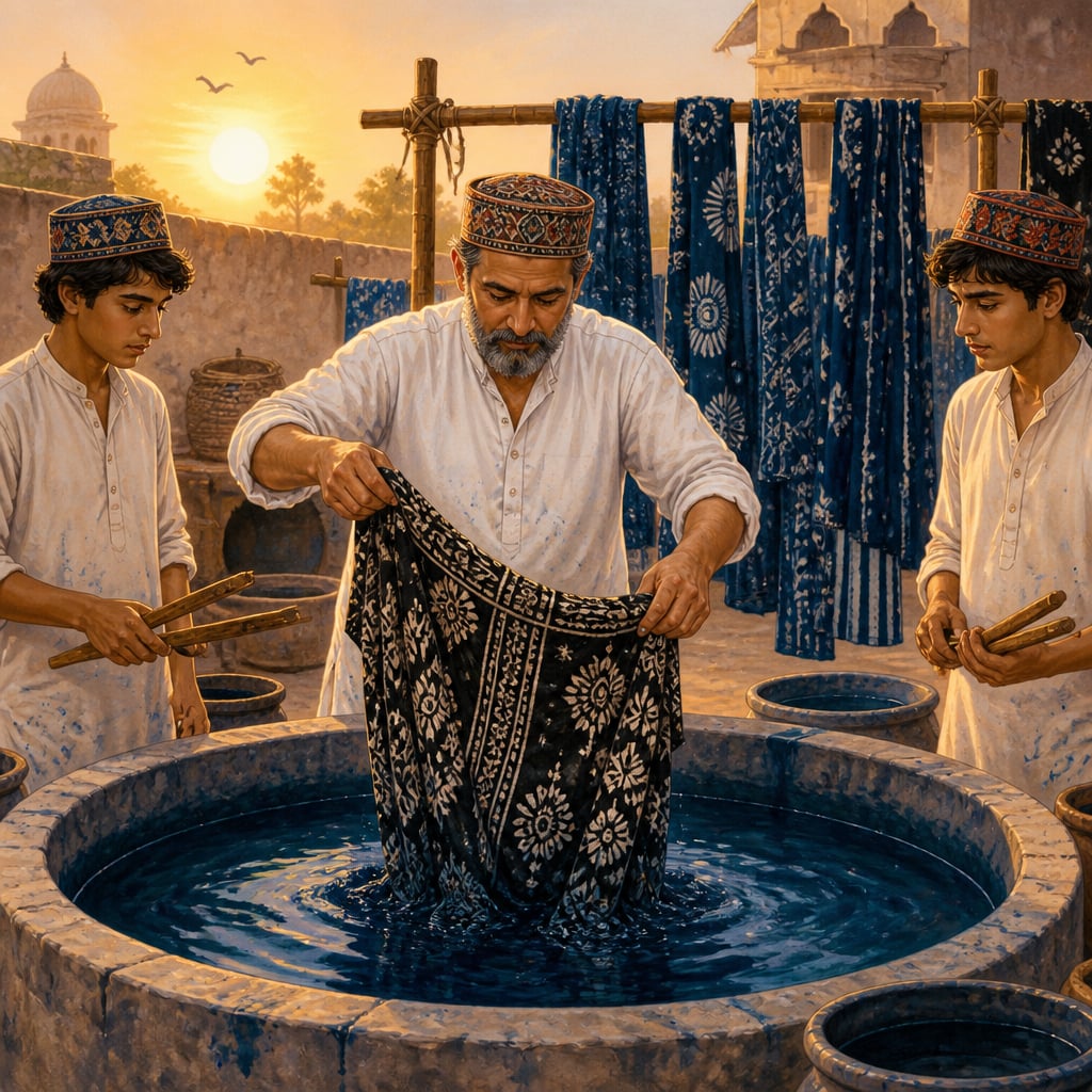 Ismail Khatri lowers a black resist Ajrakh cloth into the indigo vat at Ajrakhpur
