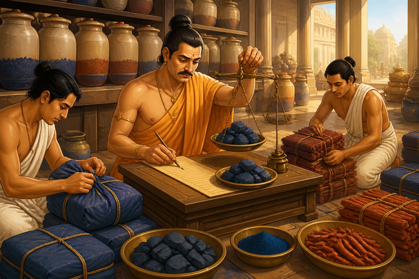 A Mauryan Sutradhyaksha weighs indigo dye bricks for state taxation