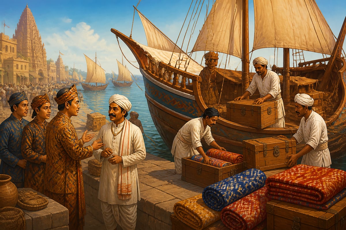 Gujarati merchants loading Patola sarees onto a Cambay dhow bound for Java