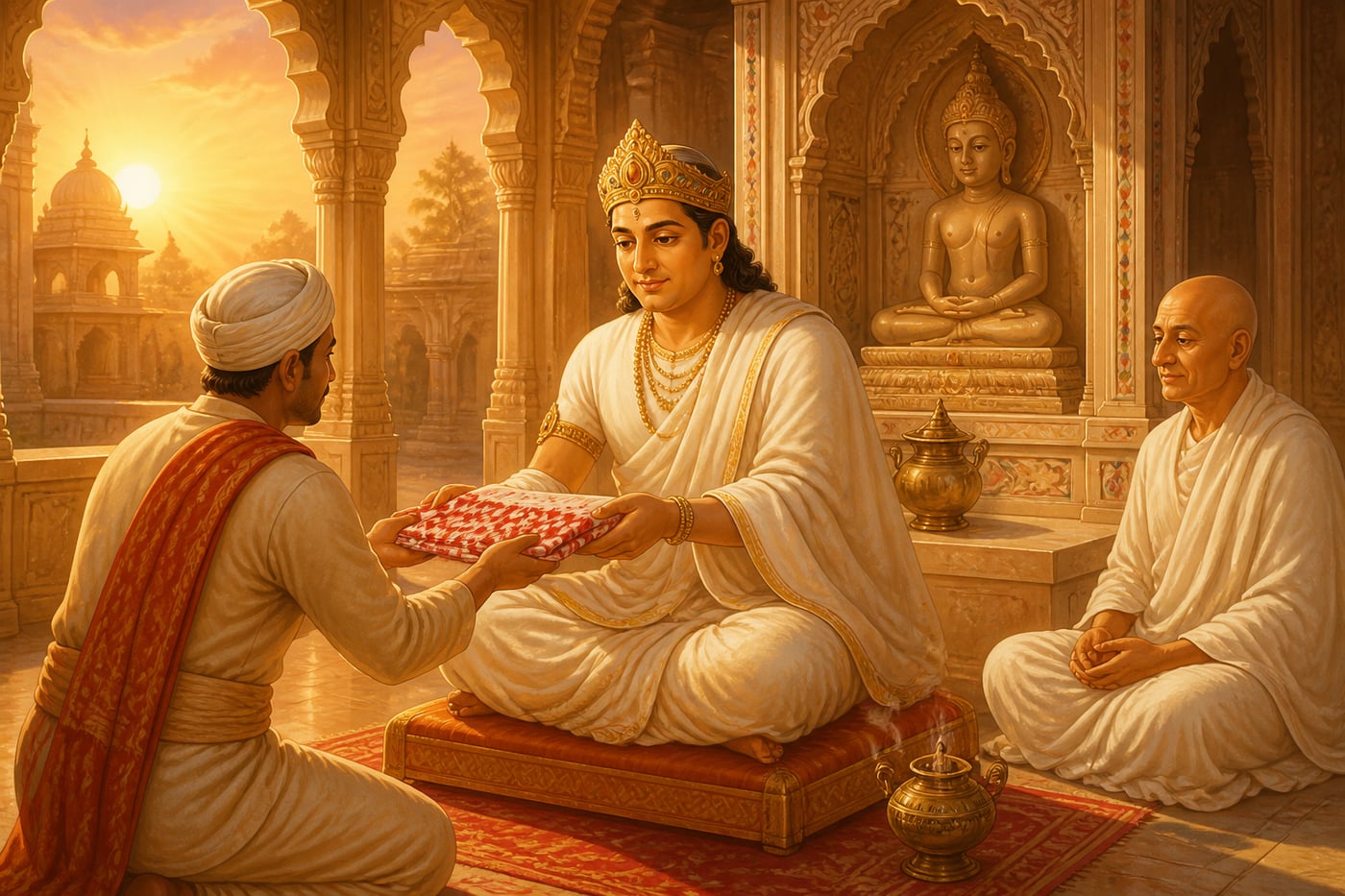 King Kumarapala Solanki accepting a fresh Patola for his Jain morning worship
